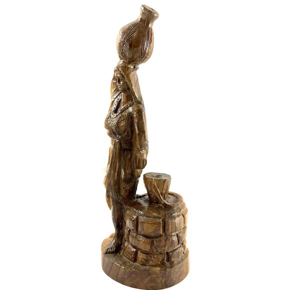 Hand Carved Olive Wood Figurine Woman with Water Jug at Well Folk Art 10.5” - Picture 2 of 6